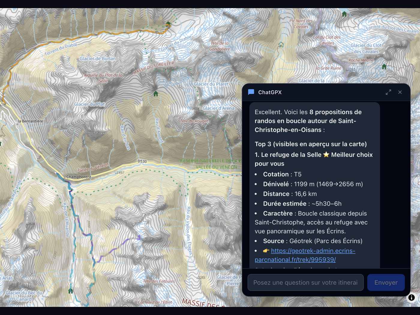 Conversation IA avec propositions d'itinéraires
