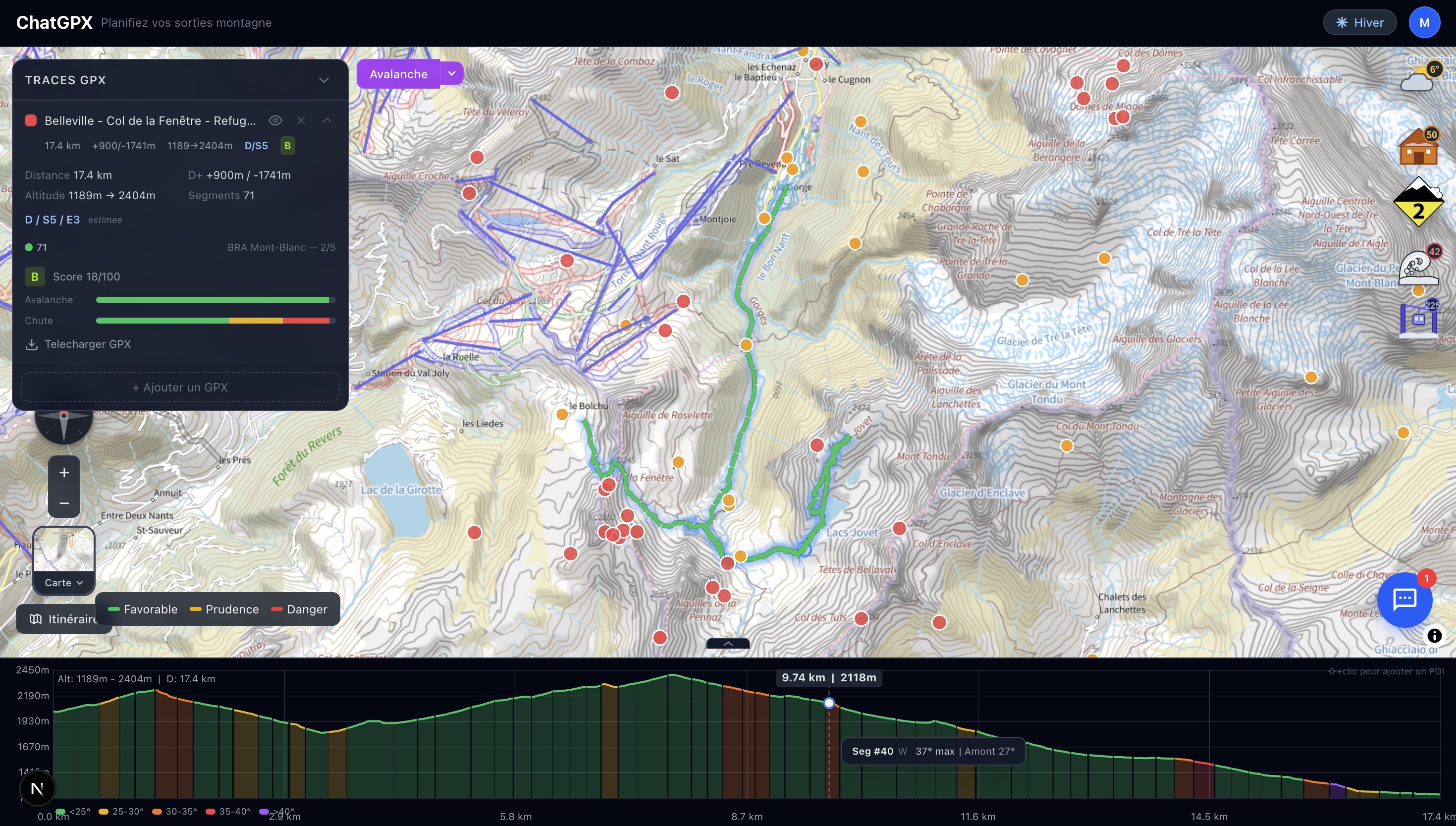 ChatGPX — carte IGN avec trace GPX, profil d’élévation et données avalanche