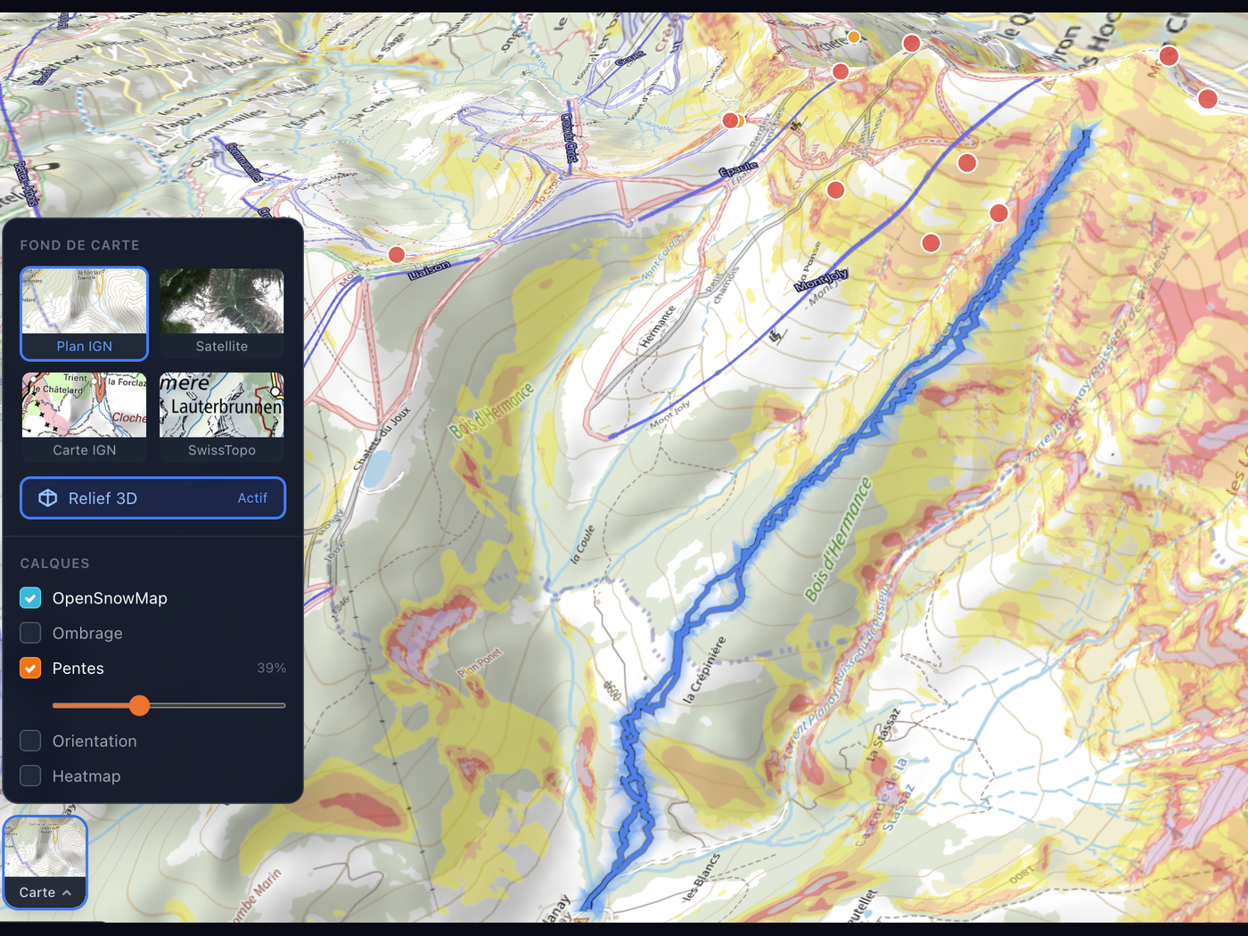 Vue 3D avec carte IGN et couche de pentes colorées