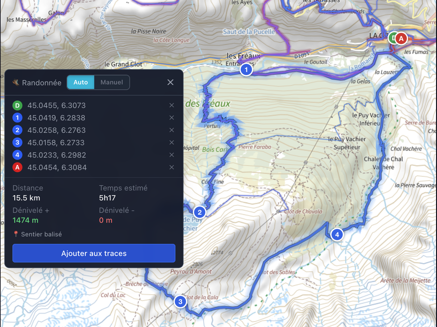 Mode itinéraire avec waypoints et heatmap des traces